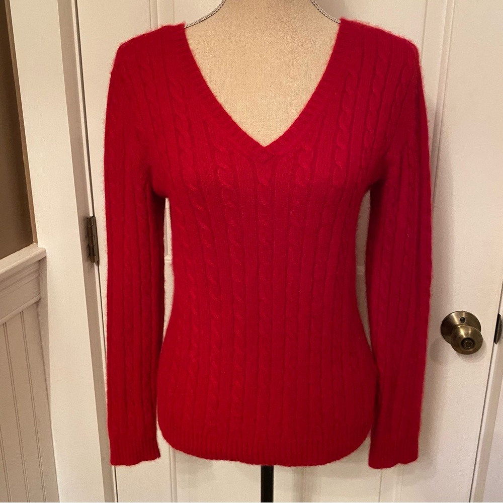 LAUREN RALPH LAUREN SWEATER V-NECK V-BACK RED CASHMERE CABLE Tagged XL Fits M